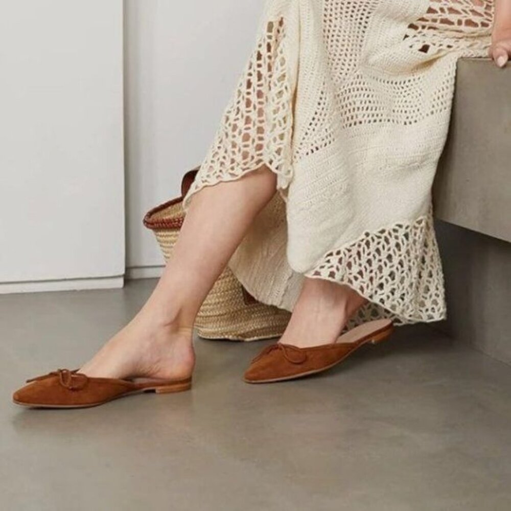 FOWT Brown Low Heel  Almond Toe Mule Bow Knot Suede Slippers,Slip on Leisure Lad